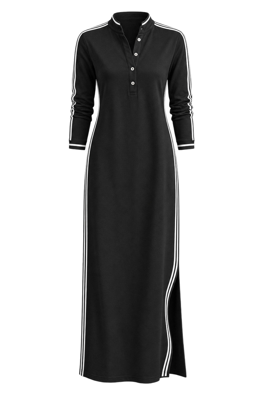 Cotton Maxi Dress Striped Trim Stand Collar - 1
