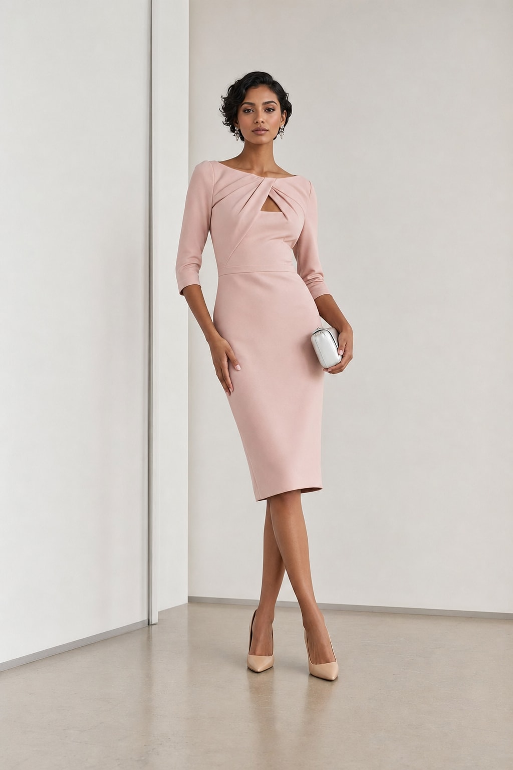 Cotton Ruched Boat Neck Sheath Midi Dress - 8