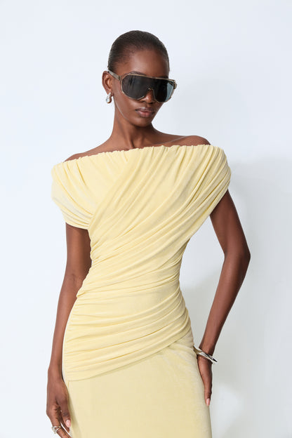 Yellow off-shoulder ruched maxi dress - view 3
