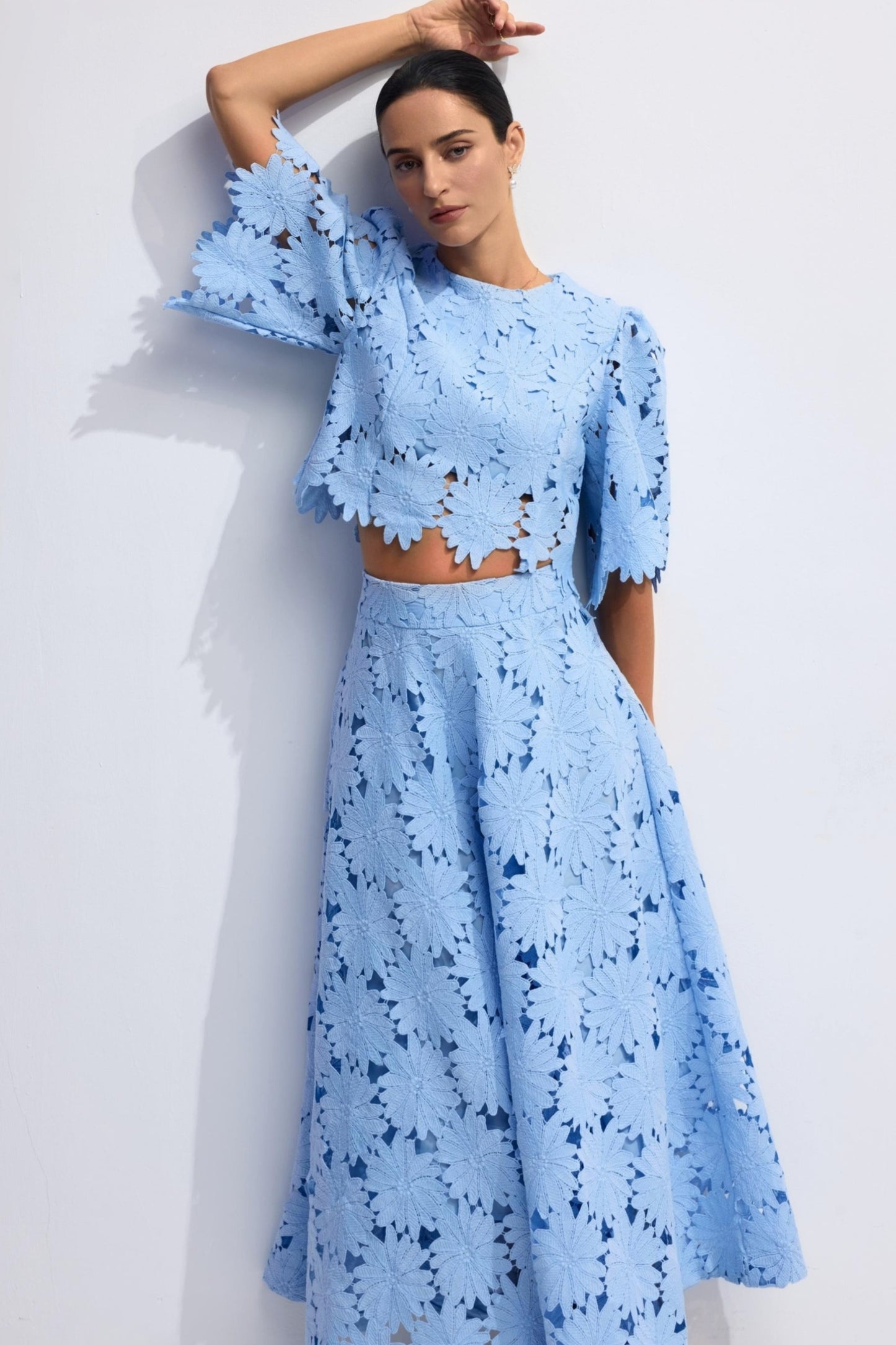 Blue Floral Lace Crop Top and Maxi Skirt Set - view 5