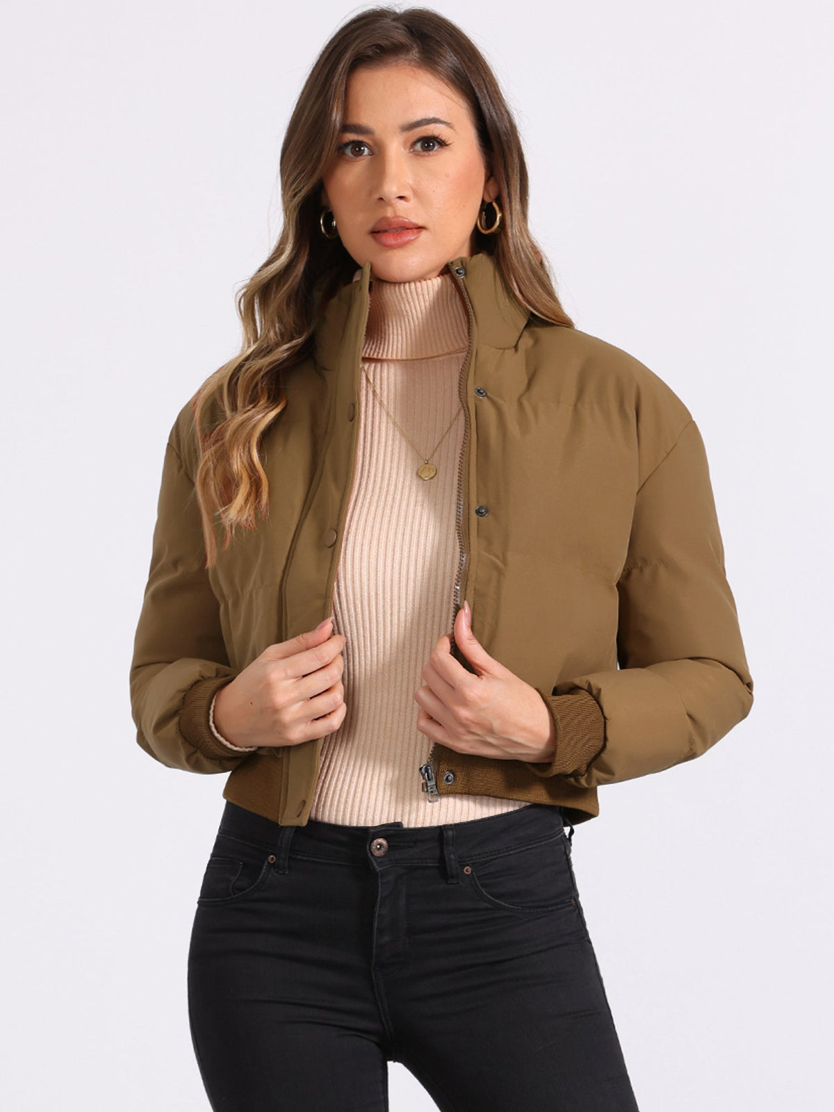Padded Cropped Bomber Jacket With Stand Collar - view 7