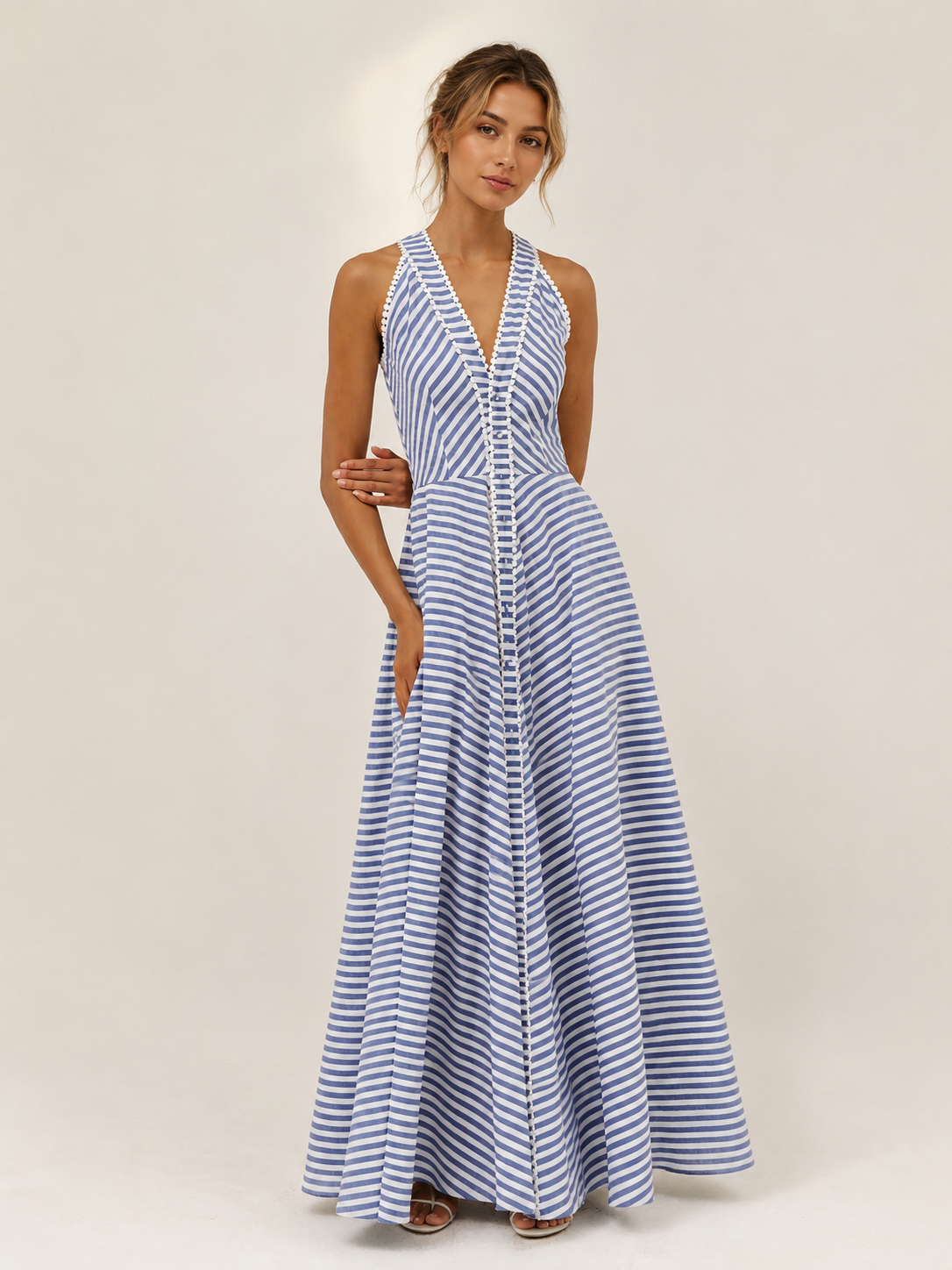 Striped V-Neck Slim Fit Midi Dress - view 2