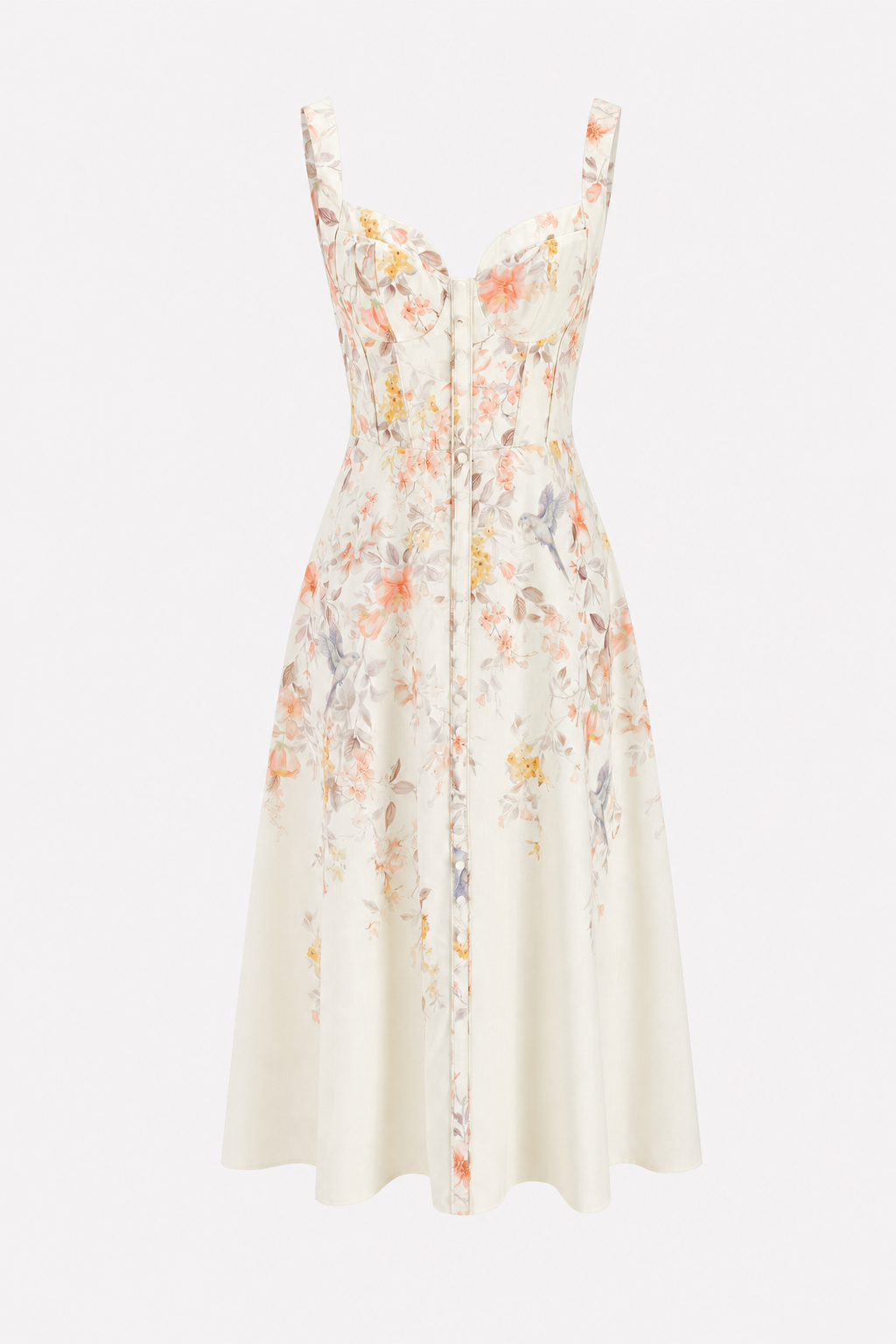 Floral Bird Print Bustier Midi Dress in Beige