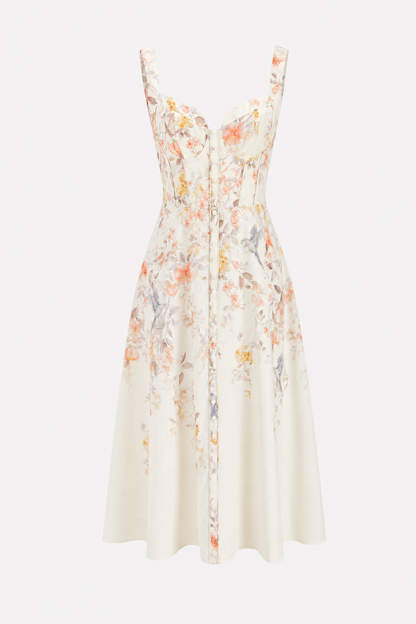 Floral Bird Print Bustier Midi Dress in Beige