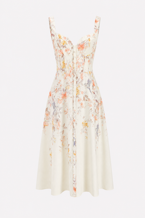 Floral Bird Print Bustier Midi Dress in Beige