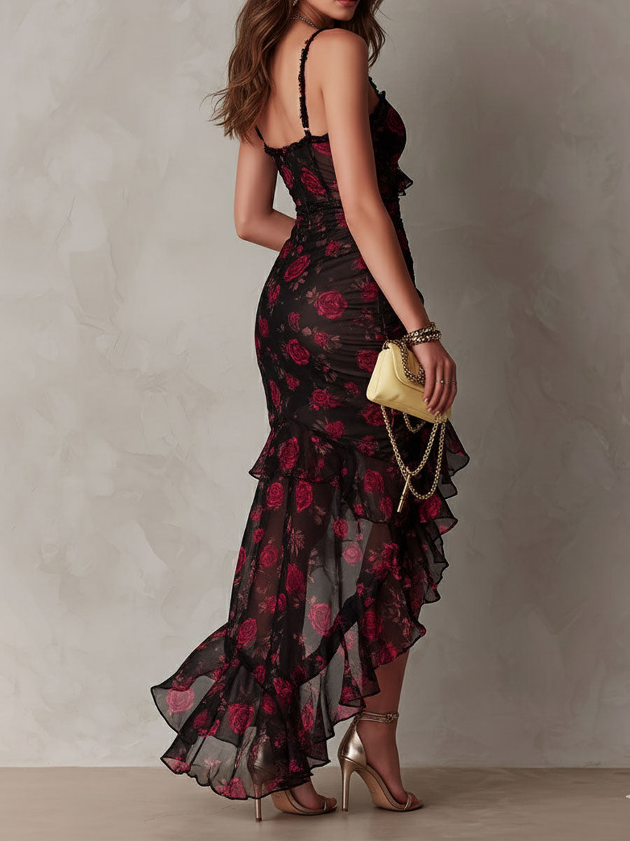 Black Floral Mesh Midi Dress with Ruffle Hem - view 4