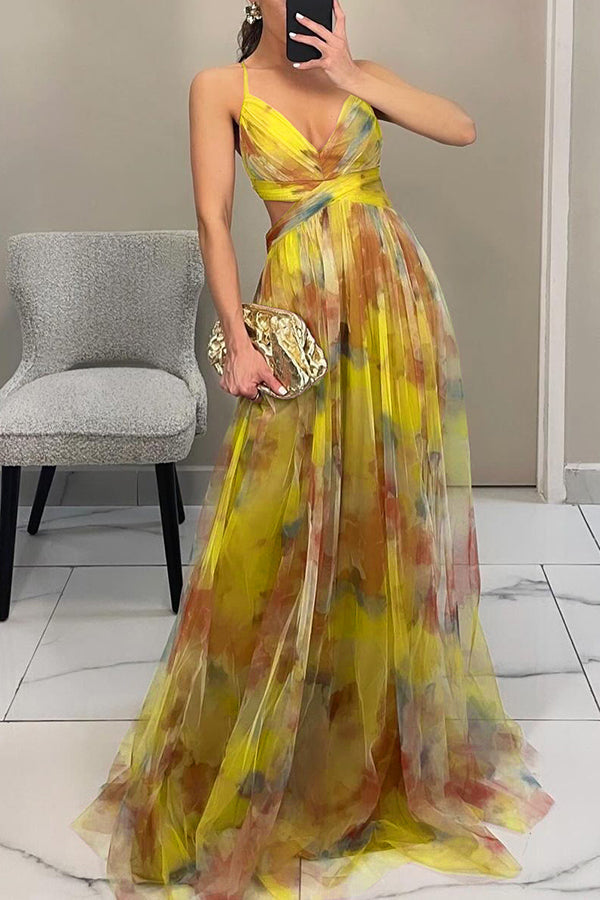Tulle floral maxi dress with cutout waist - view 8