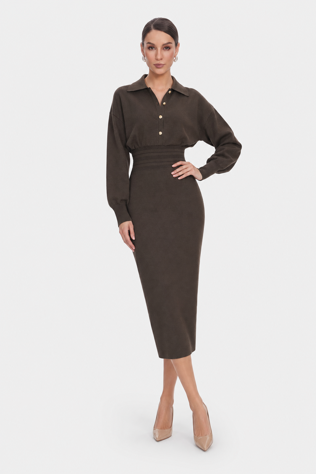 Cinched Waist Knit Shirt Dress in Brown - view 2