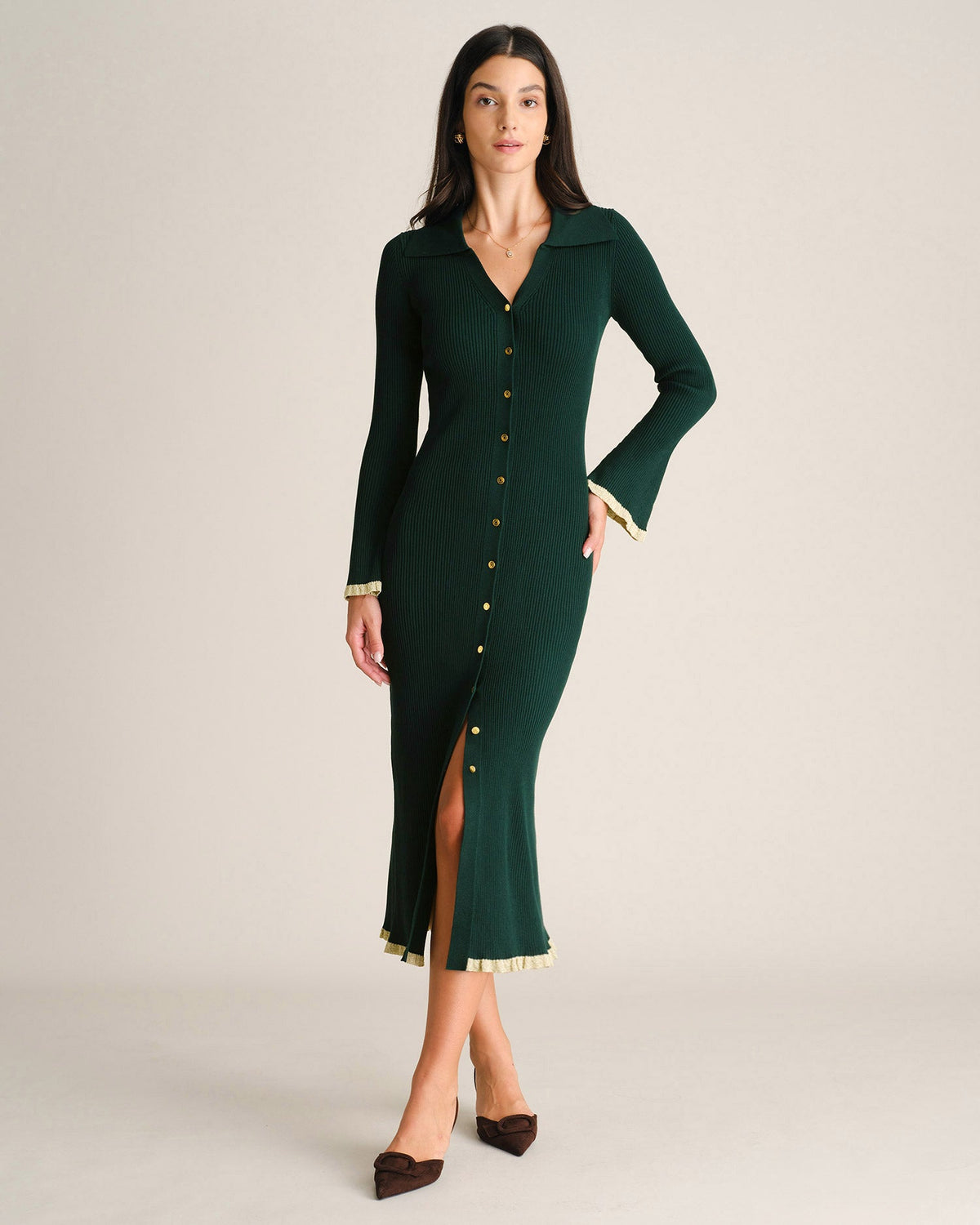Green Mermaid Sweater Dress With Bell Sleeves - 4