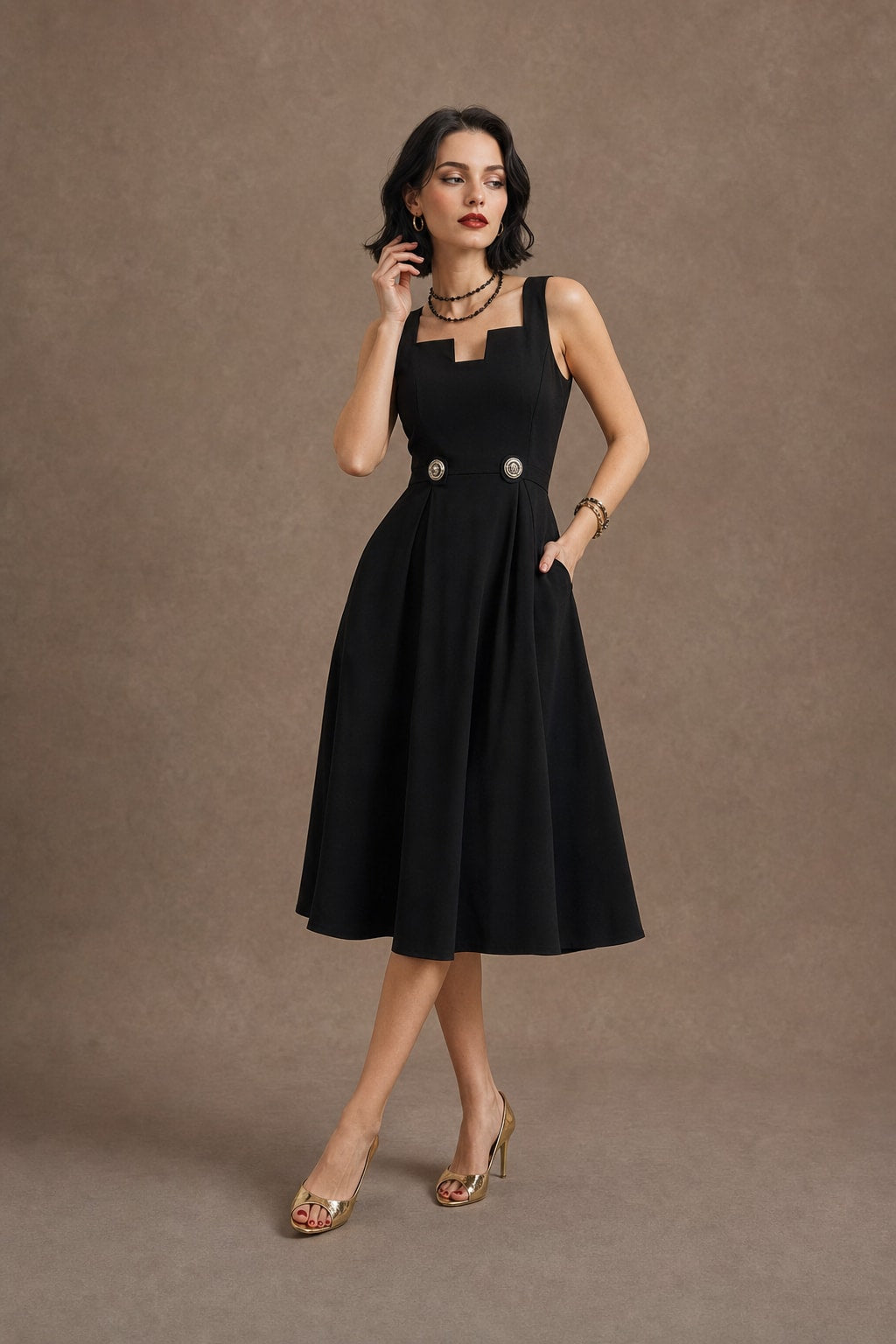 Notched Sleeveless A-Line Midi Dress With Pockets - 2