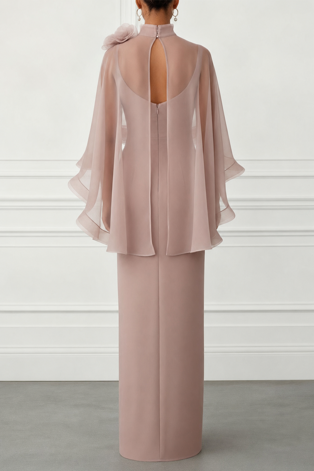 Floral Mesh Cape Sleeve Maxi Dress in Pink - view 3