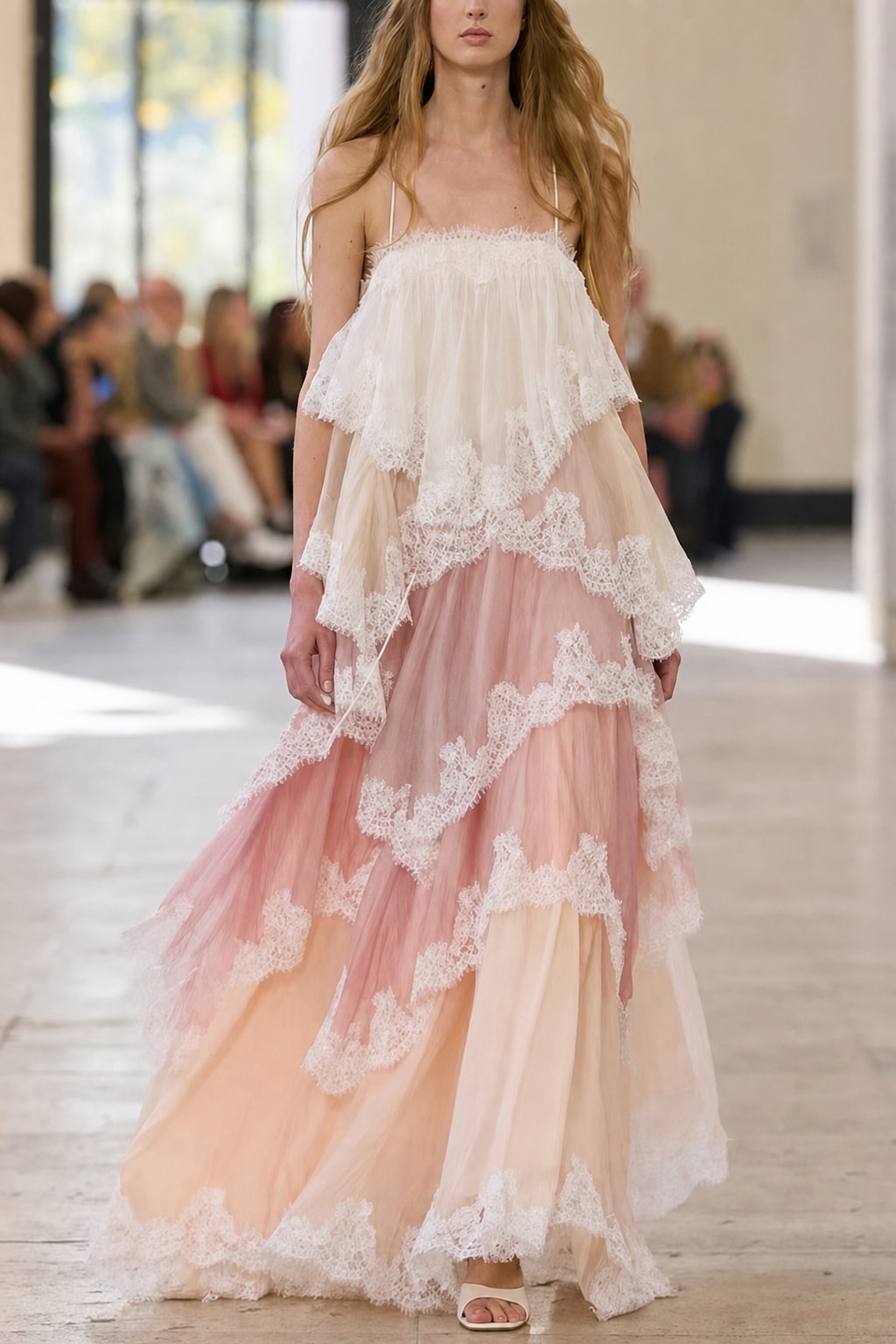 Pink Chiffon Lace Backless Tiered Maxi Dress - 6