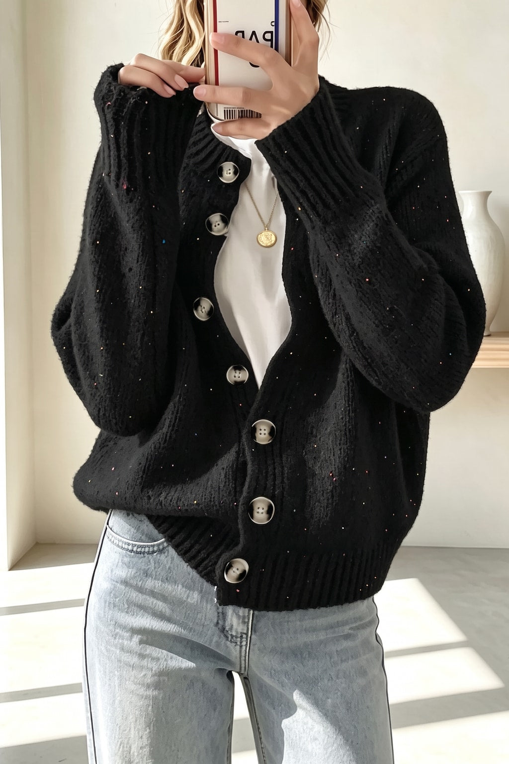 Knit Dot Print Long Sleeve Cardigan - 7