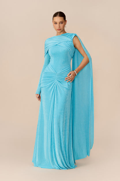 Blue one-sleeve cape maxi dress with draped neckline - view 2