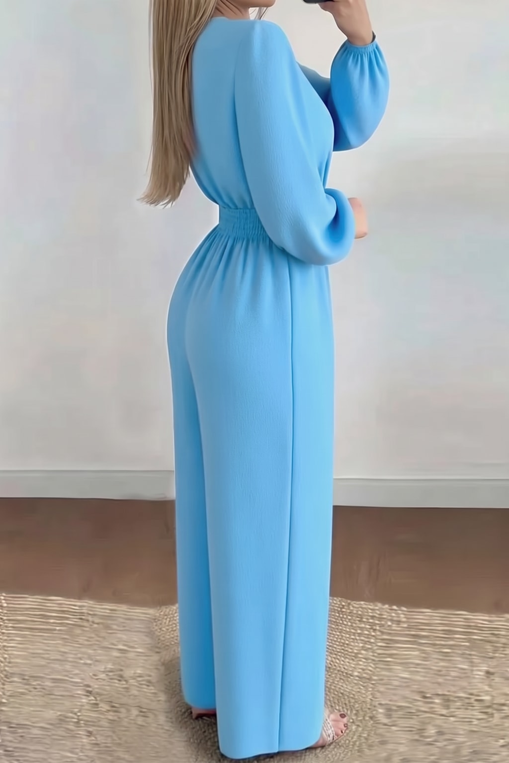 Cotton Long Sleeve Wide Leg Jumpsuit With Belt - 6