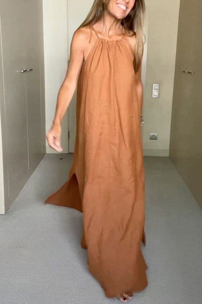 Linen Blend Halter Maxi Dress - view 4