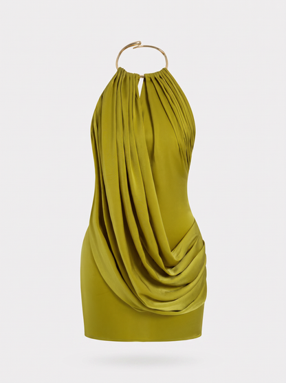 Metallic Satin Ruched V-Neck Mini Dress