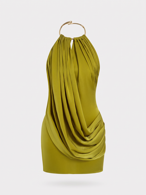 Metallic Satin Ruched V-Neck Mini Dress