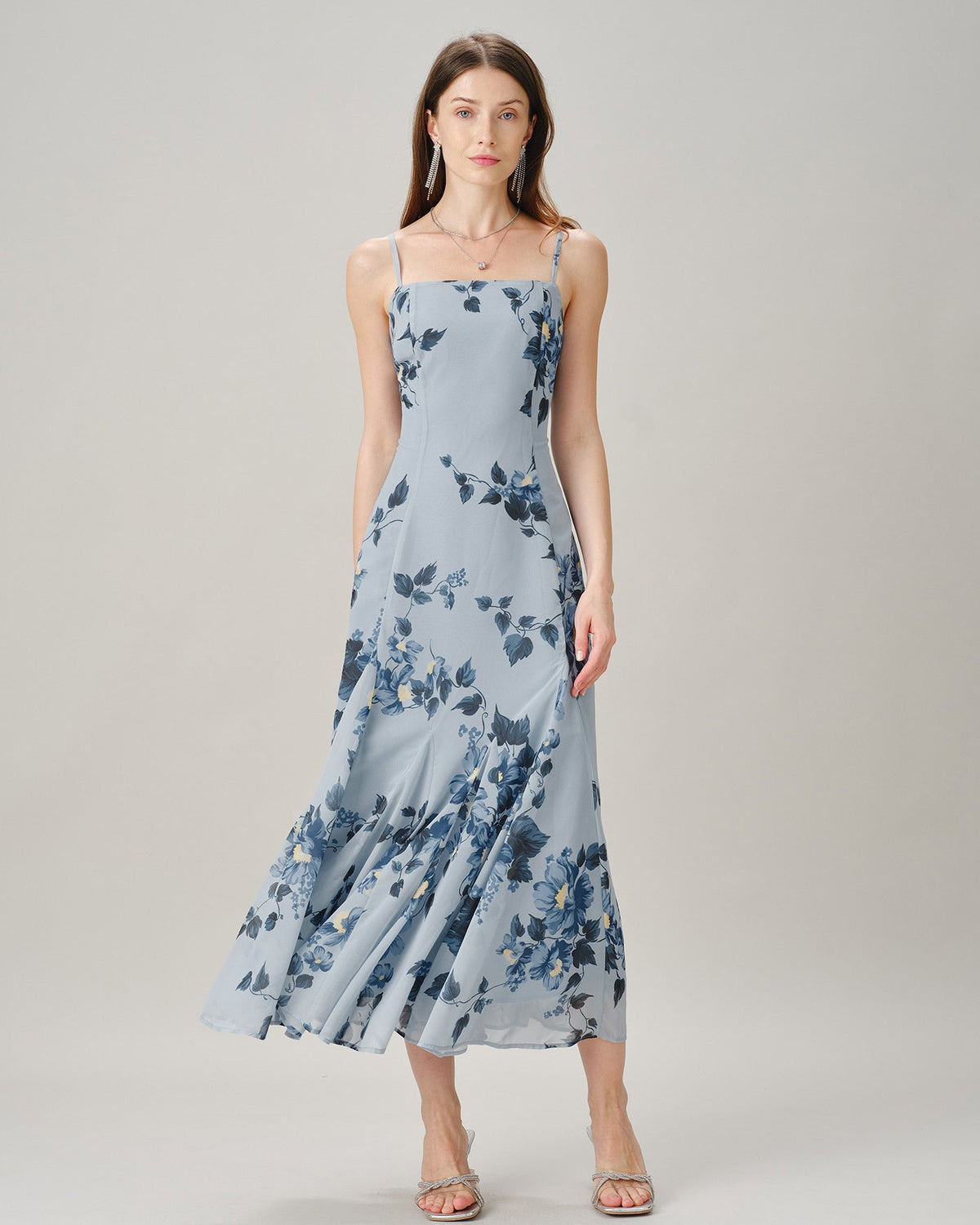 Blue Floral Chiffon A-Line Maxi Dress - view 5