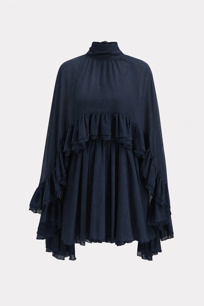 Chiffon Mini Dress with Ruffle Cape Overlay - view 7