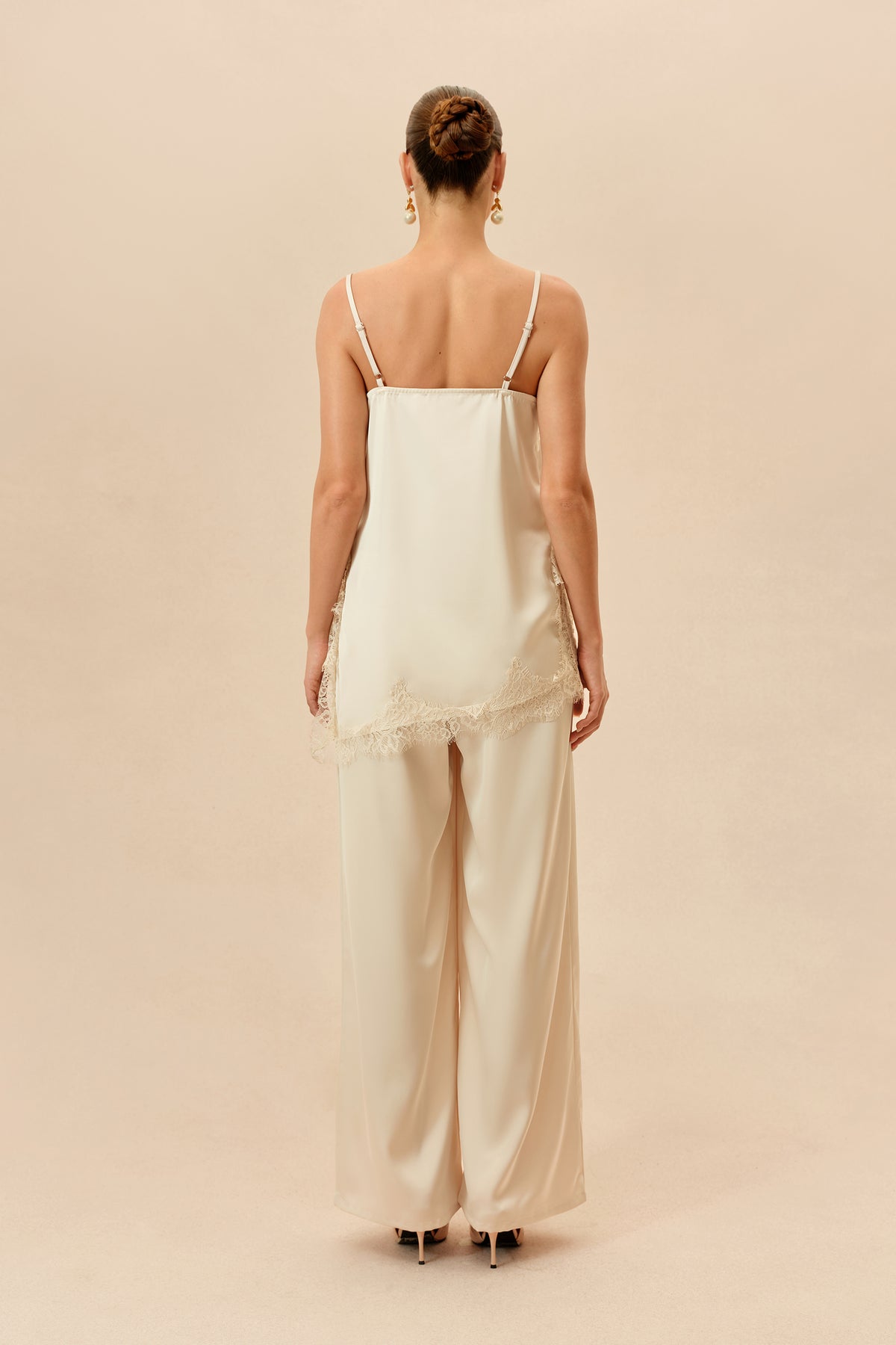 Beige Lace-Trim Cami and Wide-Leg Pants Set - view 4