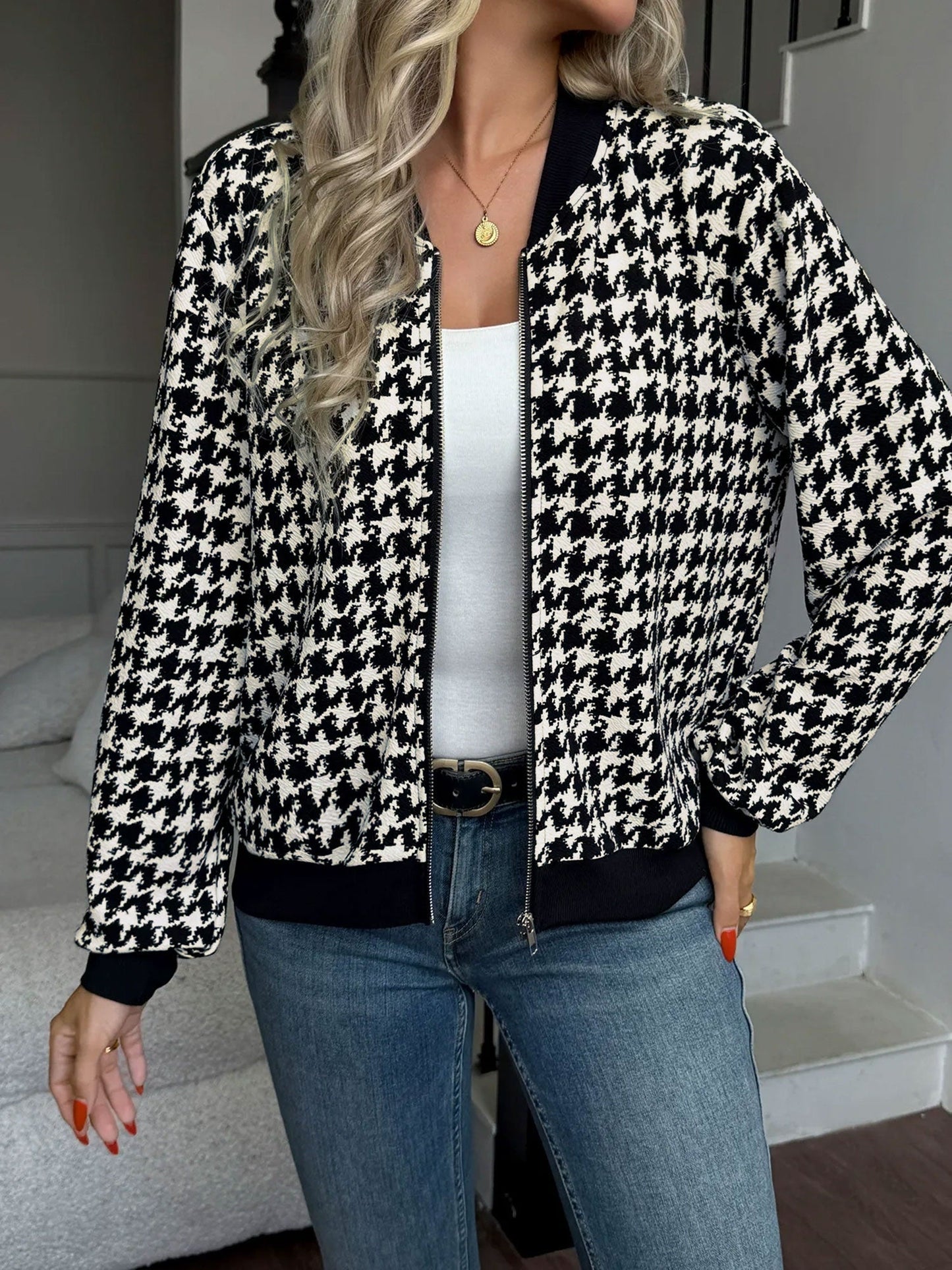 Black Bomber Jacket with Houndstooth Ribbed Trim - view 2