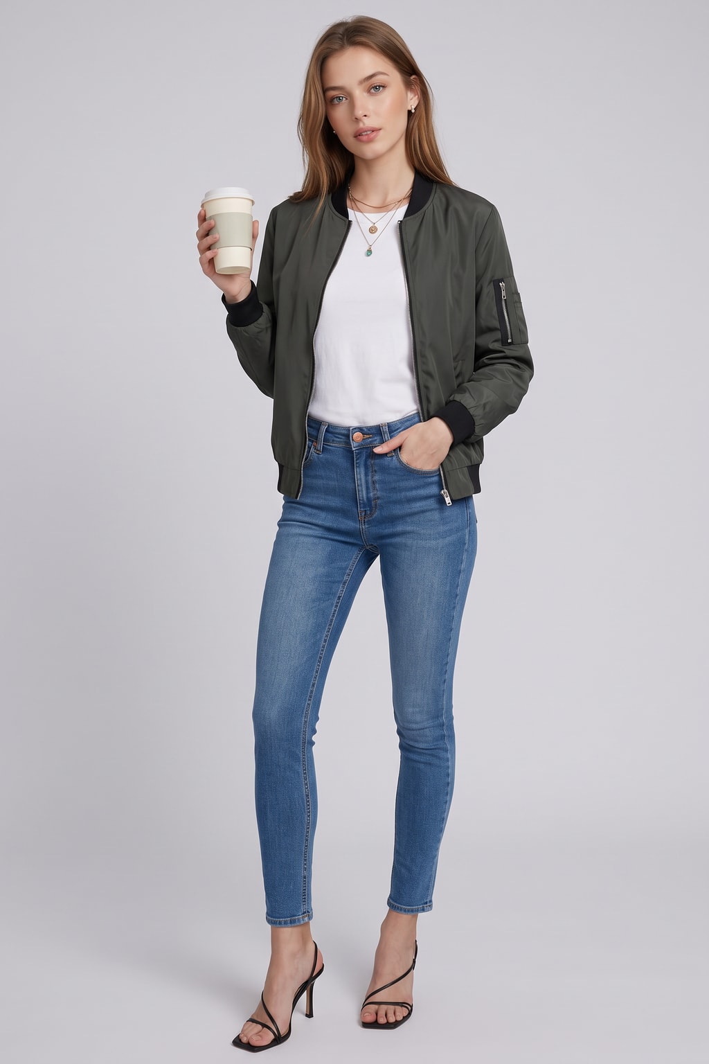 Woven Bomber Jacket Casual Zip Front - 4