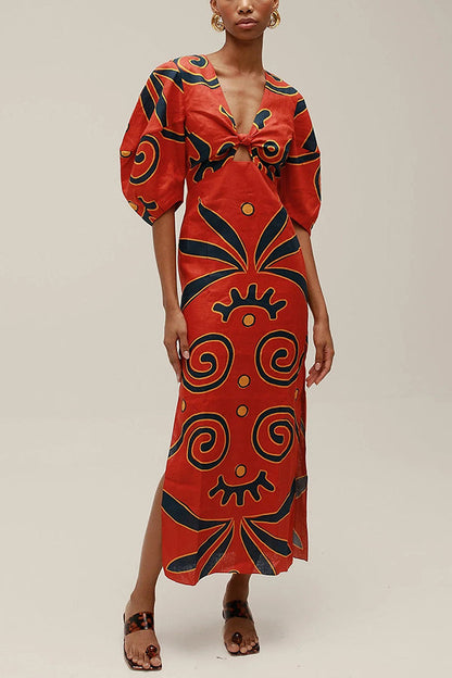 Puff Sleeve Linen Blend Maxi Dress - view 3