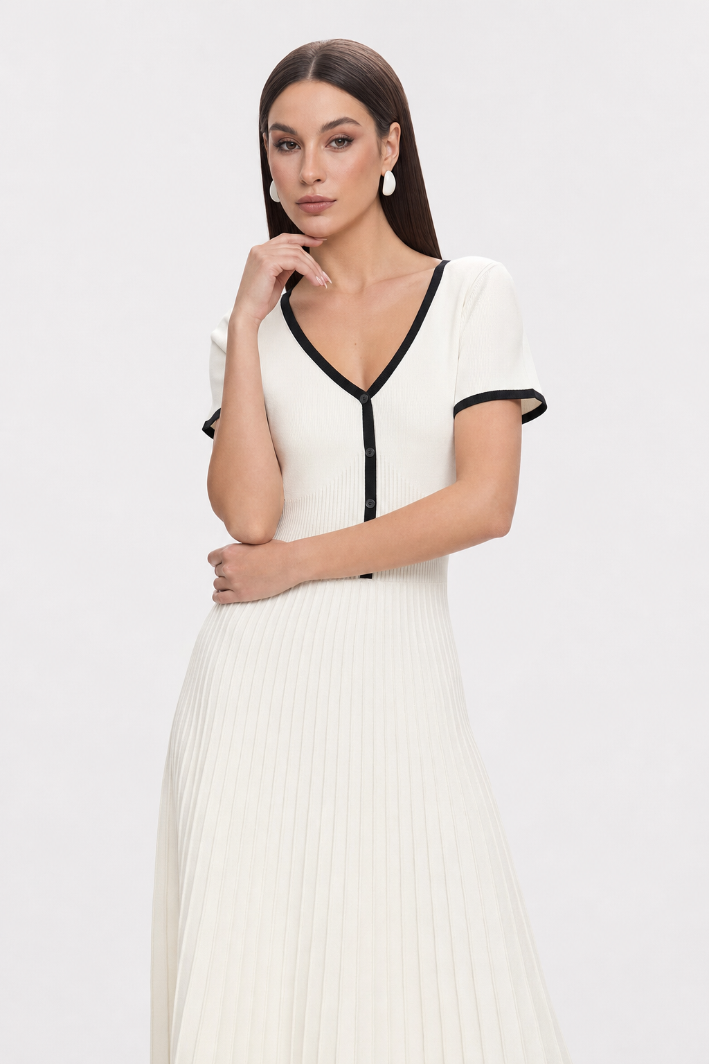 White soft knit sweater midi dress with contrast trim - view 2