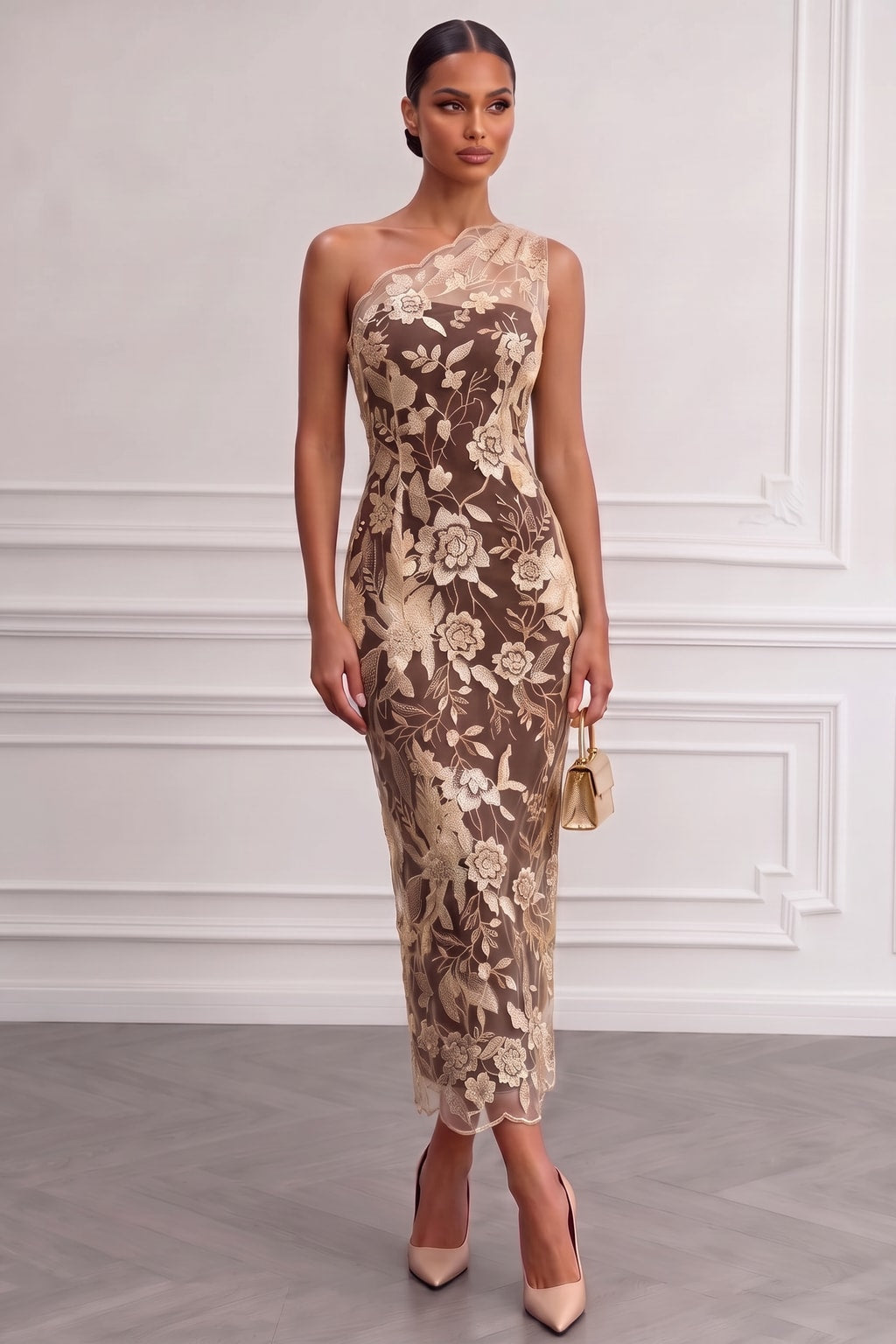 Lace One-Shoulder Sheath Midi Dress - 2