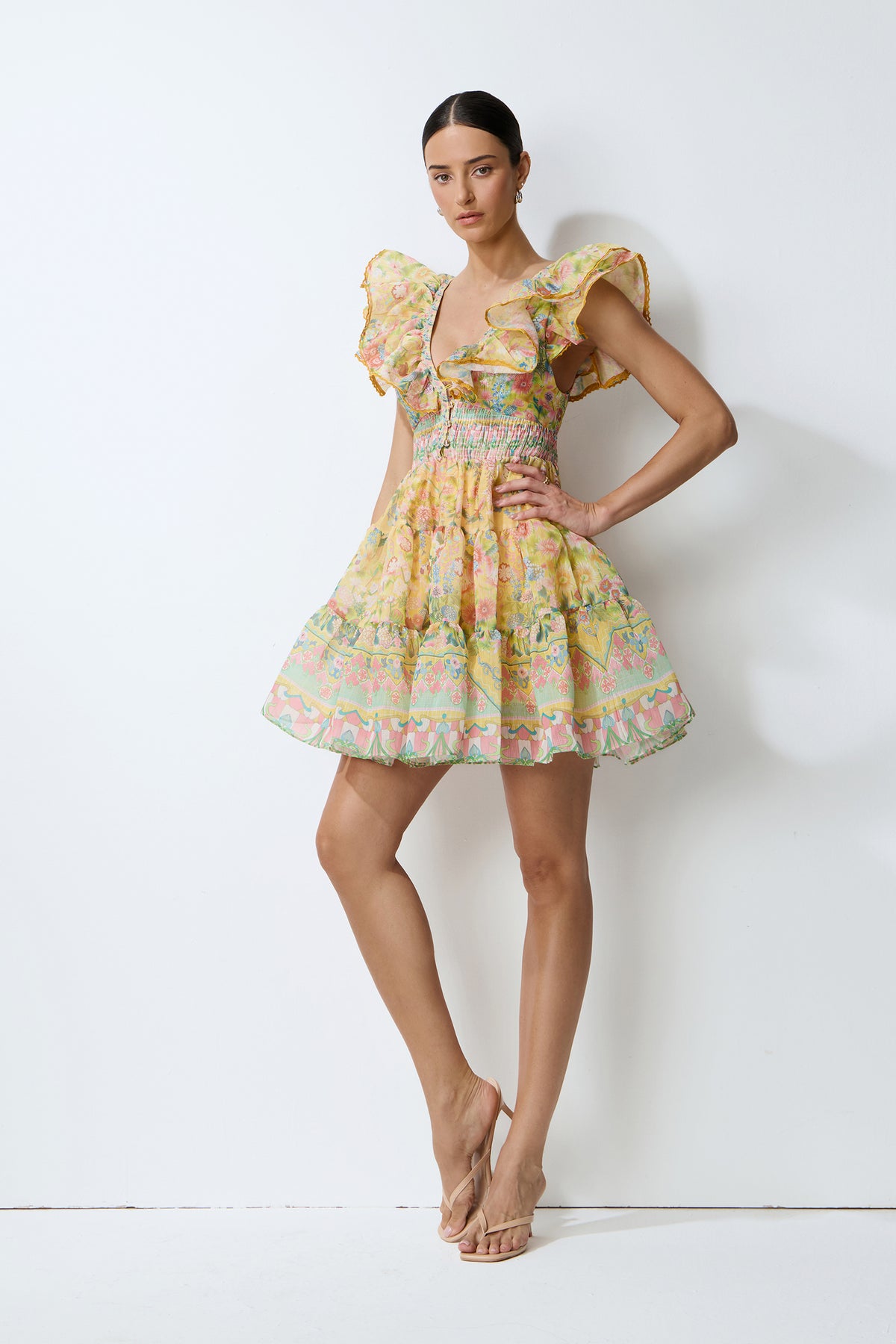 Yellow floral mini dress with ruffle trim - view 5