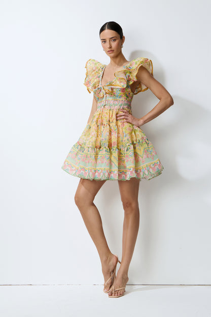 Yellow floral mini dress with ruffle trim - view 5