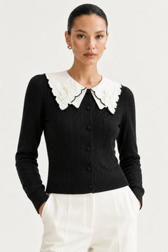 Cotton Viscose Knit Cardigan With Floral Embroidered Collar - 2
