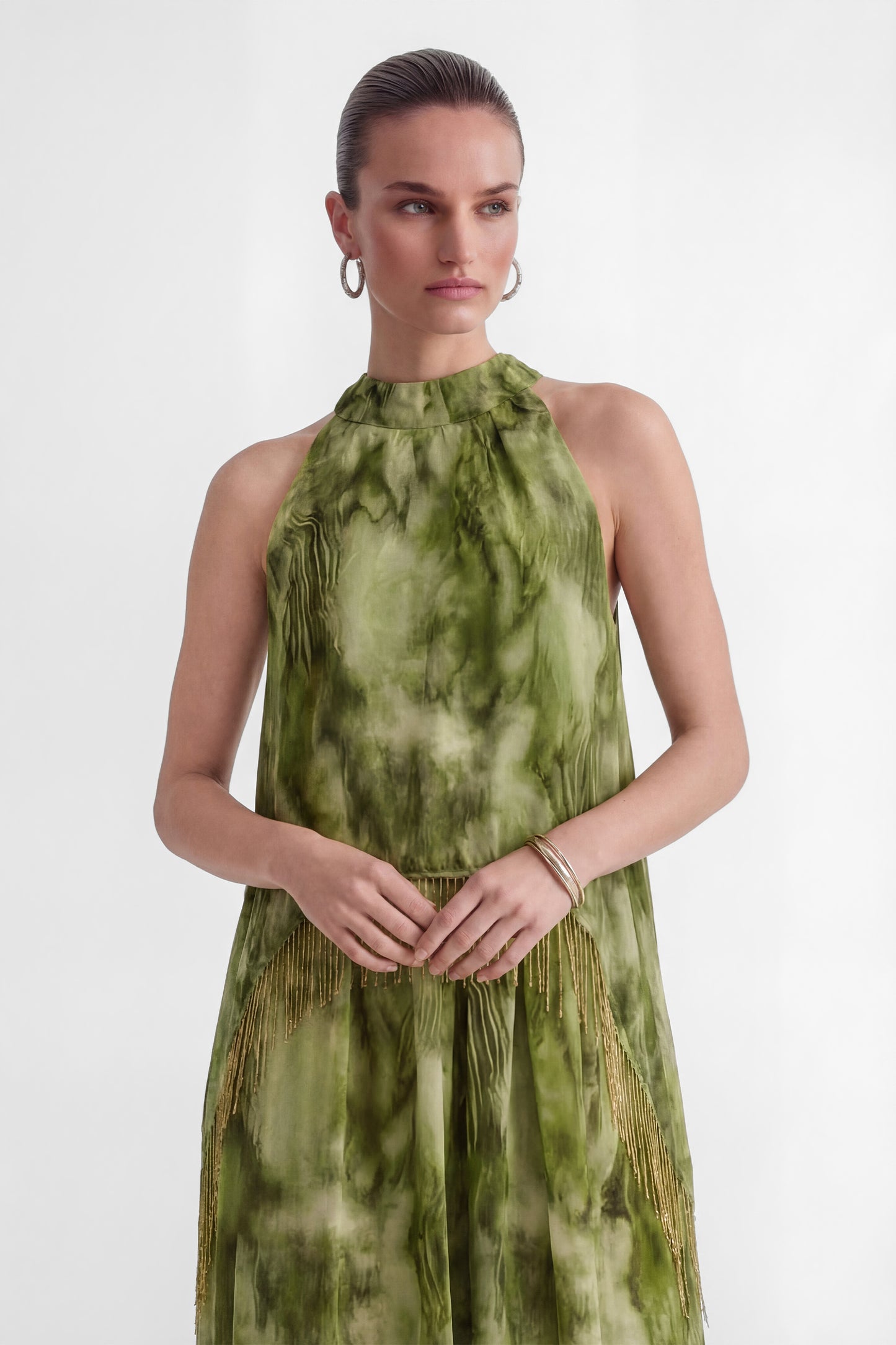 Green Tie-Dye Halter Maxi Dress with Fringe - view 3