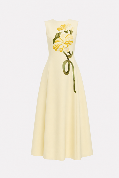 Light Yellow Floral Embroidery Midi Dress