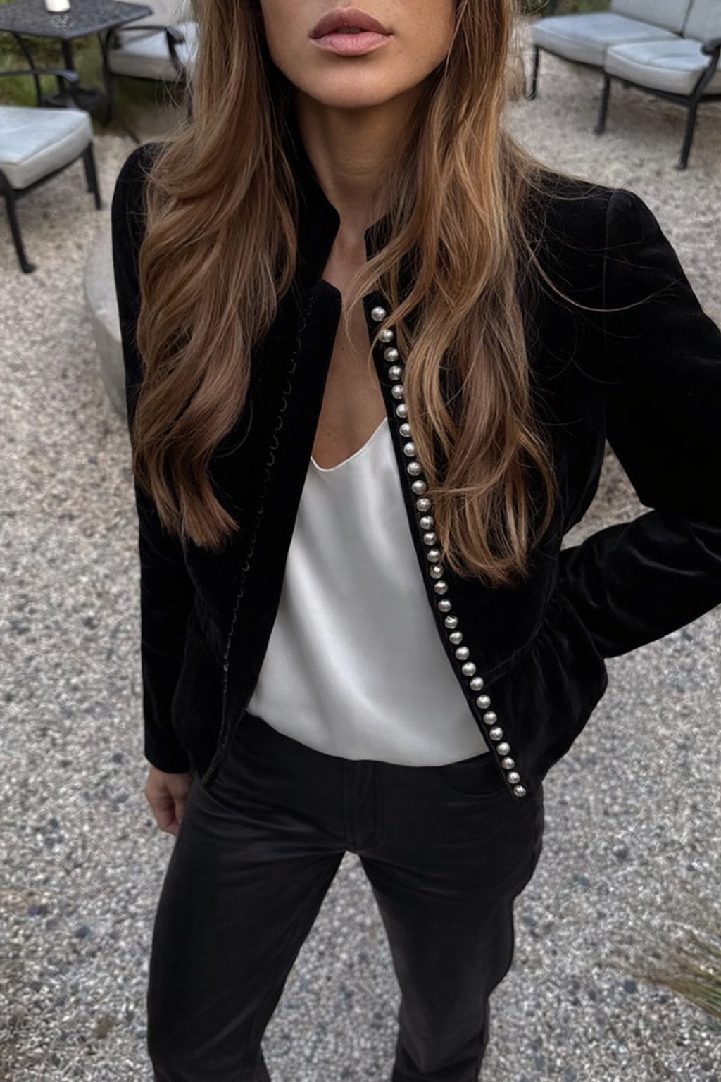 Velvet Women's Jacket With Stand Collar And Waist Cinching - 4