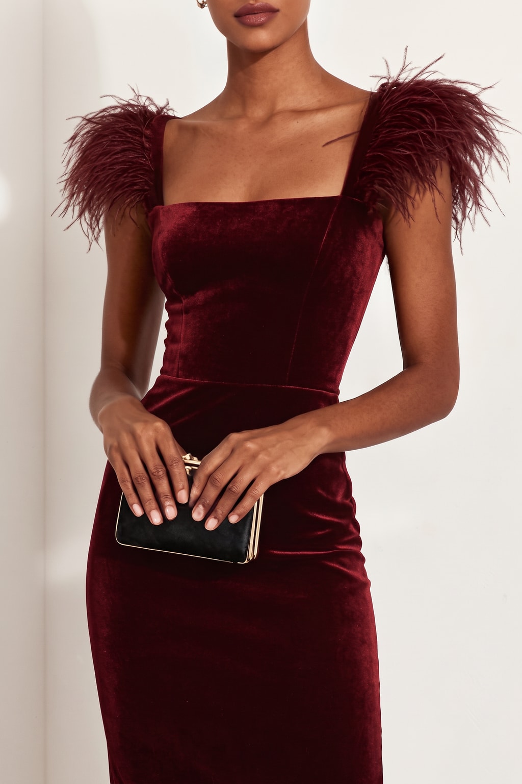 Velvet Mermaid Midi Dress With Feather Trim - 5