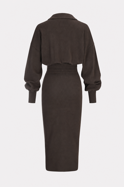 Cinched Waist Knit Shirt Dress in Brown - view 6