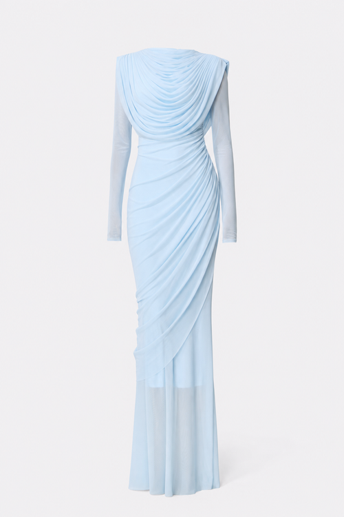 Blue mesh cowl neck long sleeve maxi dress