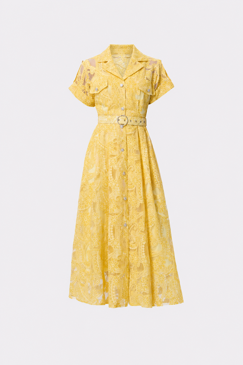 Belted Floral Lace Midi Dress in Yellow