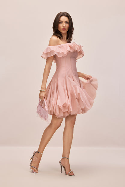 Pink off-shoulder ruffle mini dress - view 5