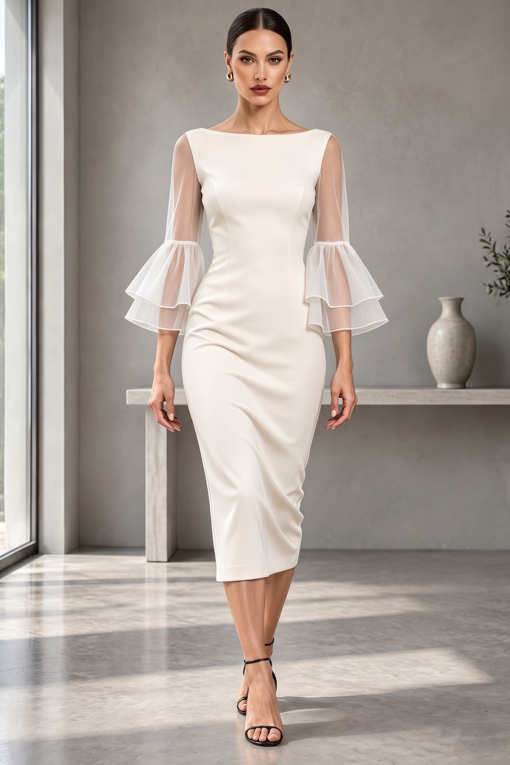 Polyester Bodycon Midi Dress With Bell Sleeves - 7