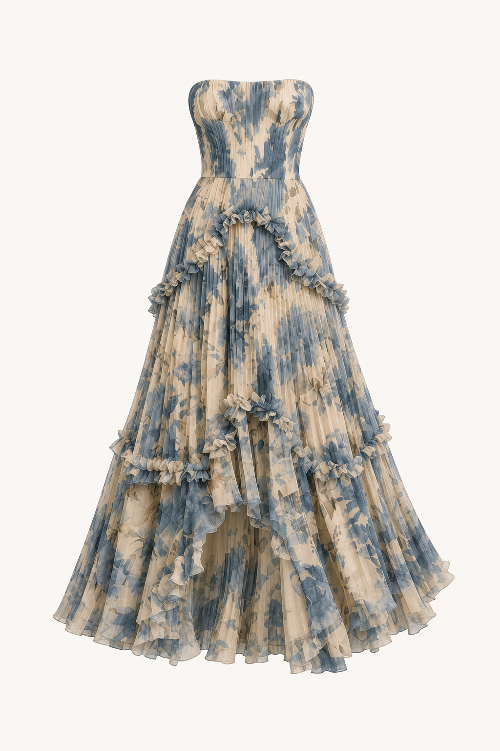 Blue Floral Applique Strapless Maxi Dress
