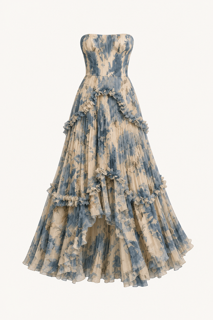 Blue Floral Applique Strapless Maxi Dress