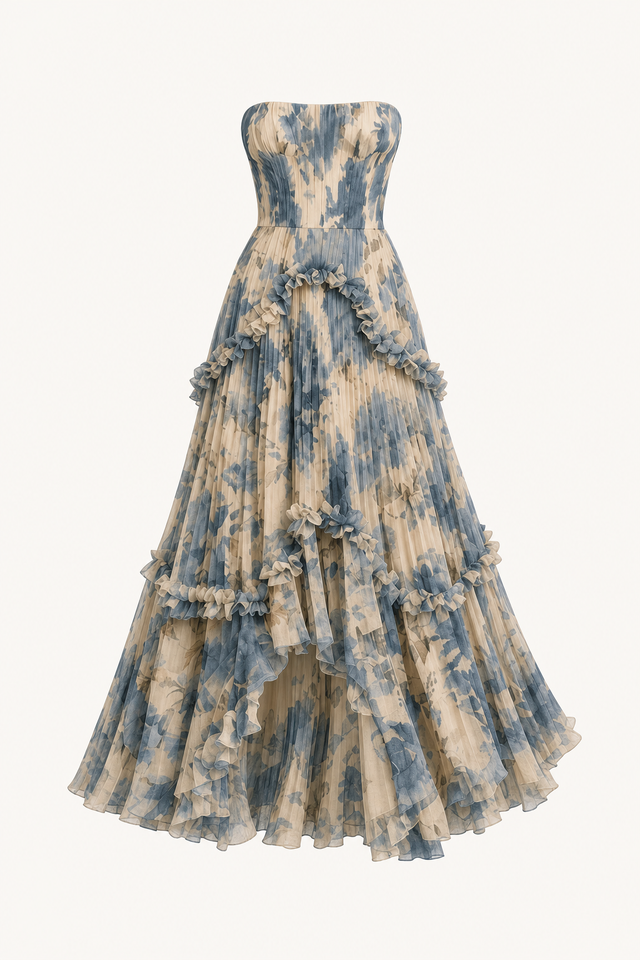 Blue Floral Applique Strapless Maxi Dress