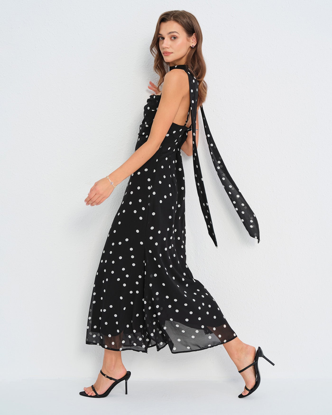 Polka Dot Slip Maxi Dress With Tie Waist - view 5