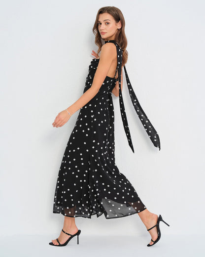 Polka Dot Slip Maxi Dress With Tie Waist - view 5