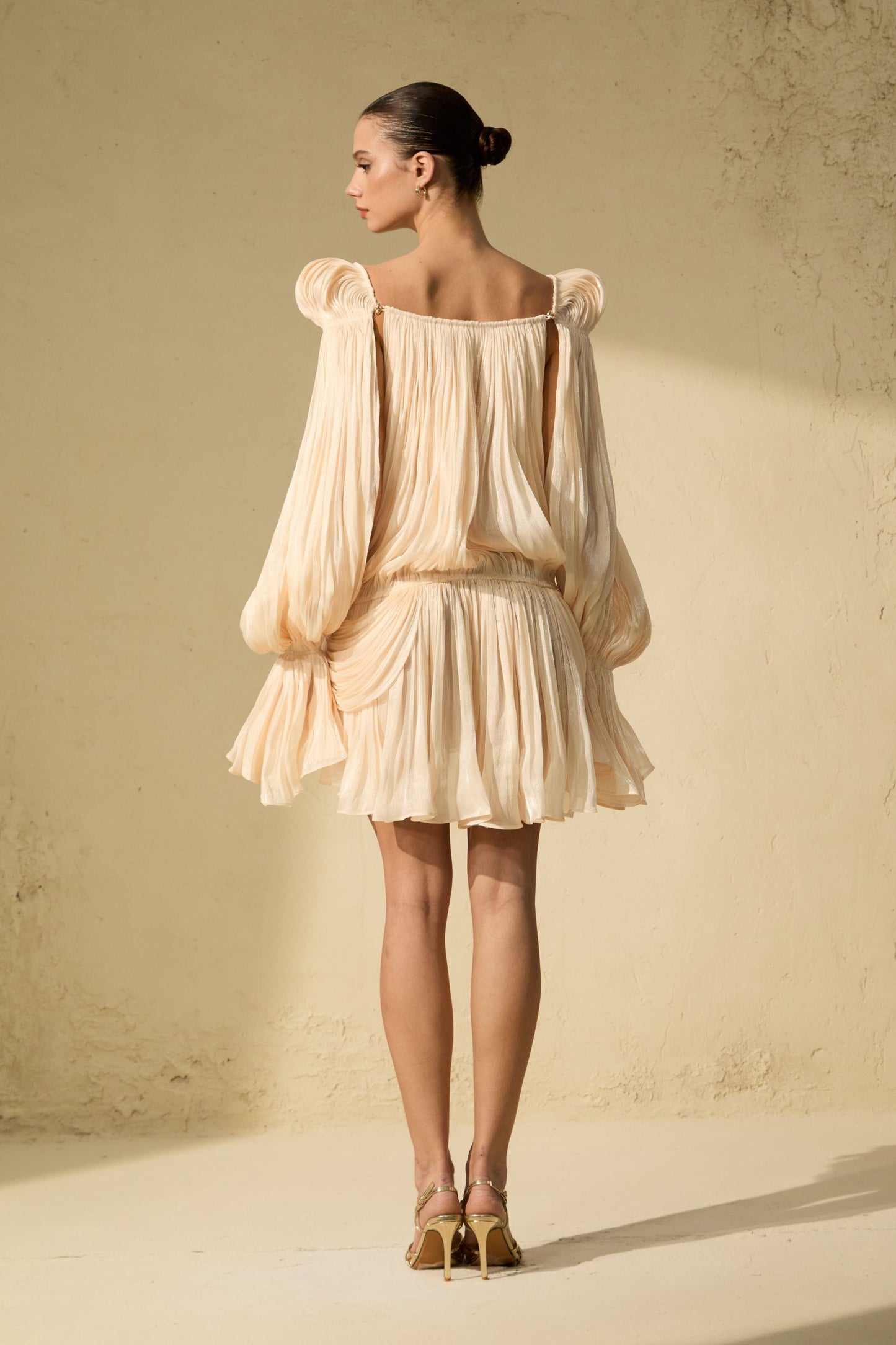 Beige Off-Shoulder Mini Dress with Ruffle Hem - view 4