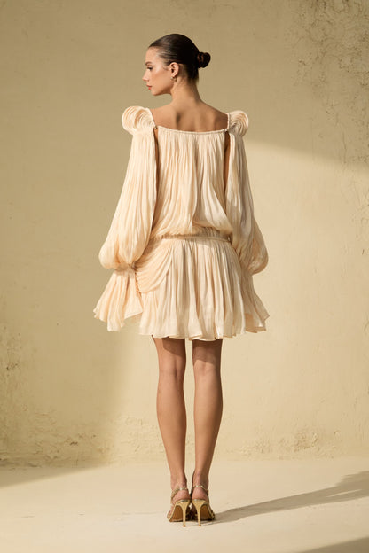 Beige Off-Shoulder Mini Dress with Ruffle Hem - view 4