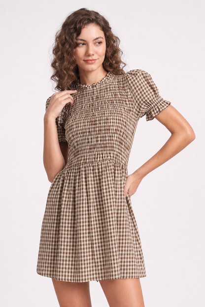 Coffee Gingham Mini Dress with Puffed Sleeves - view 3